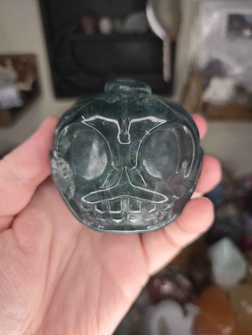 Green Fluorite Spooky Skeleton Pumpkin Crystal Carving